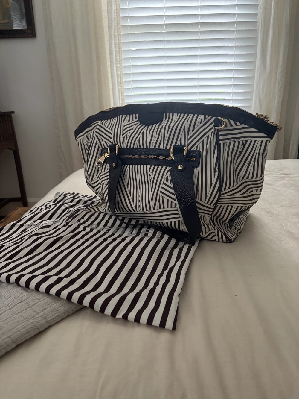 Henri Bendel Weekender Tote/Striped Tote Bag with Brown Trim